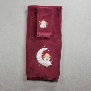 Vintage Angel Applique Cotton Terry Cloth Towel Set Burgandy Holiday Christmas